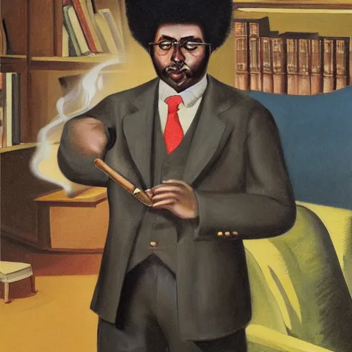 Prompt: oil painting of revolutionary with afro haircut smoking a cigar in a capitalist's private library room, by neo rauch