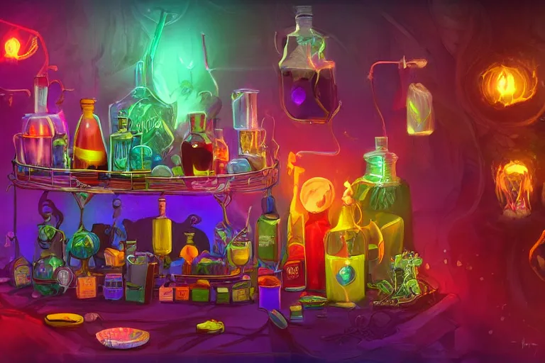 Prompt: a small rack filled with five colorful glowing concoctions, magical potions, fantasy artwork, featured on artstation