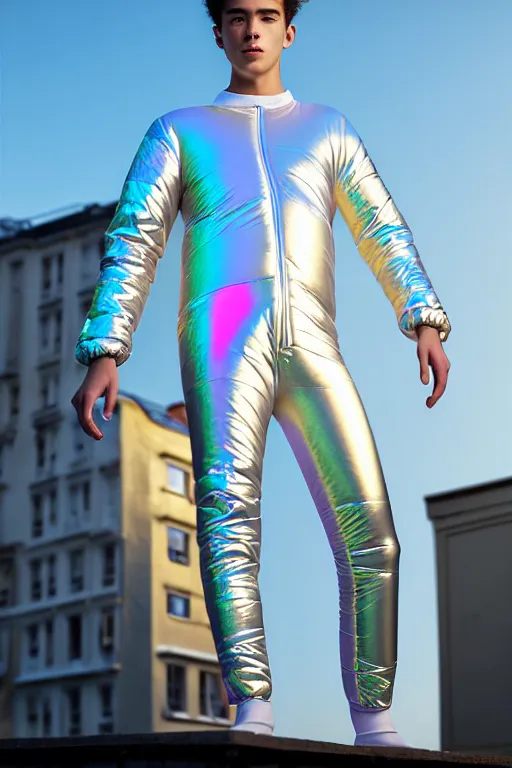 Image similar to un ultra high definition studio quality photographic art portrait of a young man standing on the rooftop of a british apartment building wearing soft baggy inflatable padded silver iridescent pearlescent clothing. three point light. extremely detailed. golden ratio, ray tracing, volumetric light, shallow depth of field. set dressed.