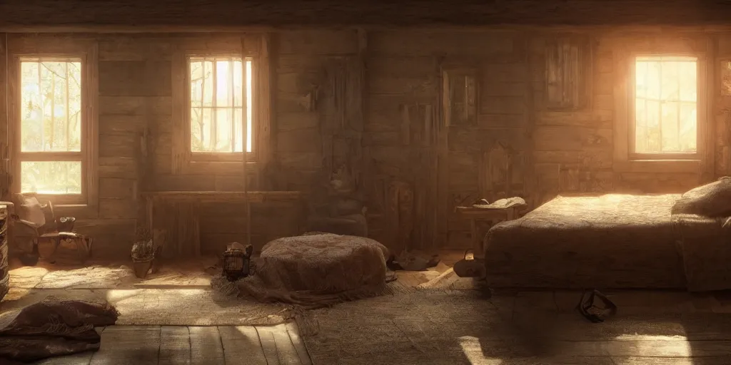 Image similar to A rustic old-fashioned wooded homey bedroom with dappled lighting and god-rays protruding in the style of Greg Rutkowski, oil painted, rendered in unreal engine, rendered in octane, trending on artstation, artstationHQ, artstationHD, artstation 4K, 8k resolution, professional grade, professional photography.