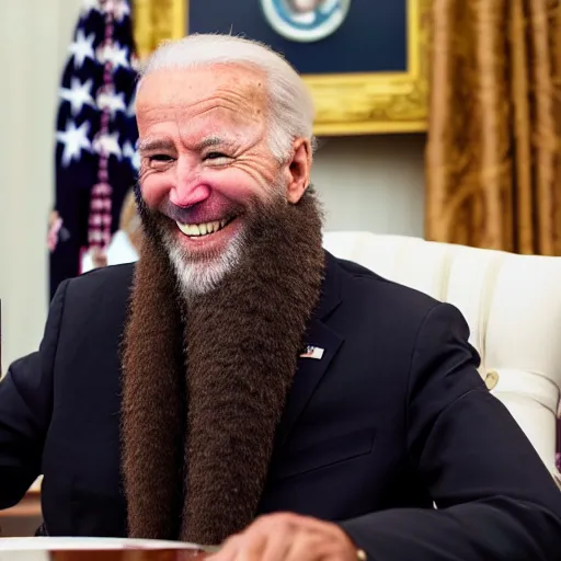 Image similar to 4 k hdr portrait wide angle photo of president joe biden as a taliban muslim leader with a beard laughing at a dinner table meeting surrounded by taliban terrorist leaders