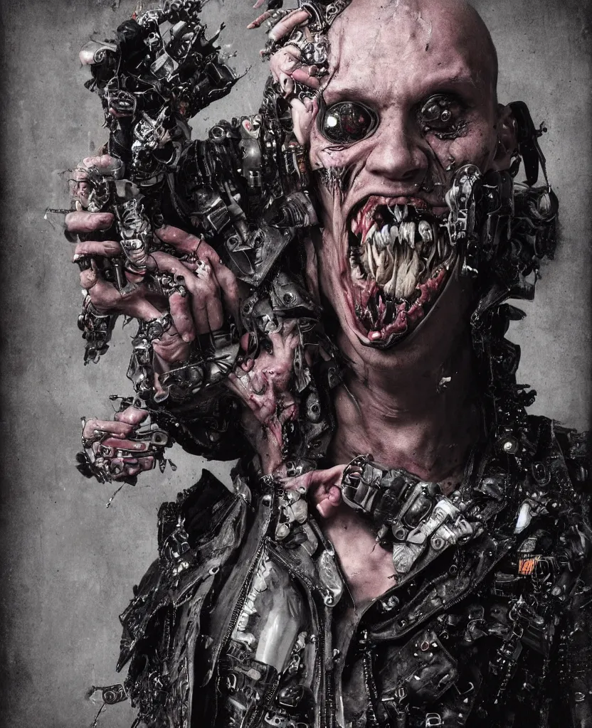 Prompt: a cyberpunk man in a punk battlevest opening his shirt to reveal a gaping maw embedded in his chest, artstation contest winner, dark art, gerald brom, michael hussar, gothic, body horror, cronenberg