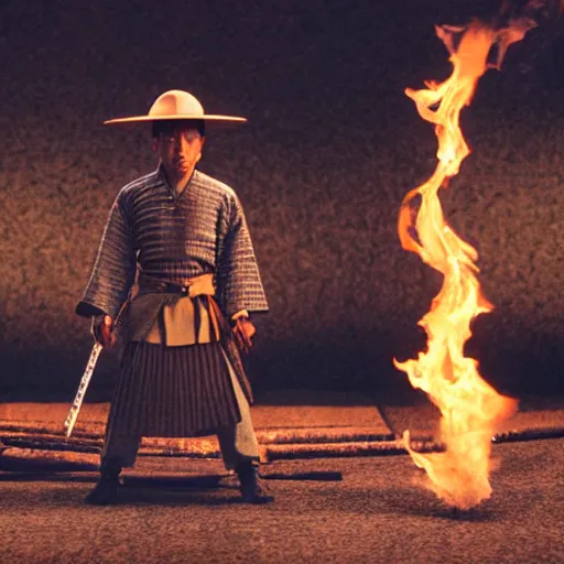 Image similar to cinematic film still Pharrell Williams starring as a Samurai holding fire, Japanese CGI, VFX, 2003, 40mm lens, shallow depth of field,film photography