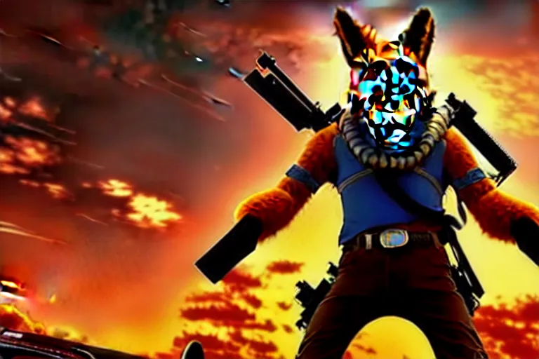 Image similar to nick wilde, heavily armed and armored facing down armageddon in a dark and gritty reboot from the makers of mad max : fury road : witness me