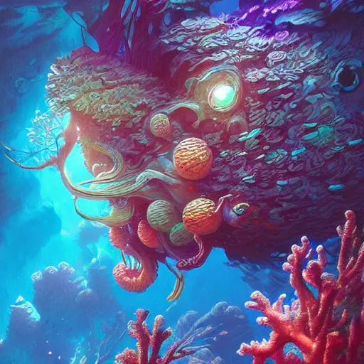 Image similar to coral underwater colorful, fantasy, intricate, highly detailed, digital painting, hq, trending on artstation, illustration, style of stanley artgerm and greg rutkowski and dan mumford