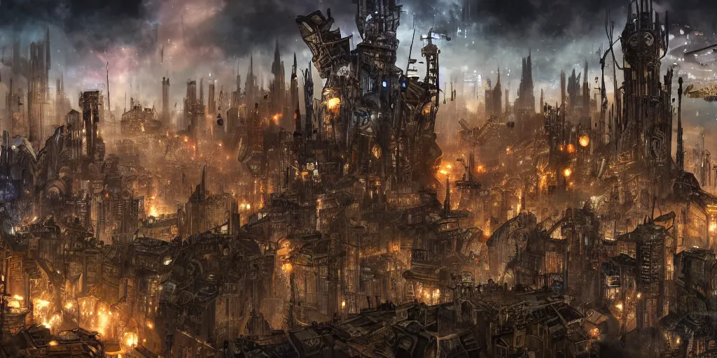 Image similar to Landscape imagery of a crime ridden city mixed of technology and magic, wizards and machines, steampunk, dungeons and dragons, artificer, 8k, realistic