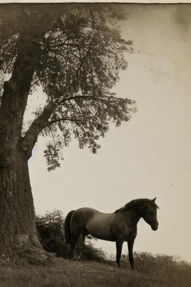 Prompt: an 1800s photo of 2 horses on top of a tree