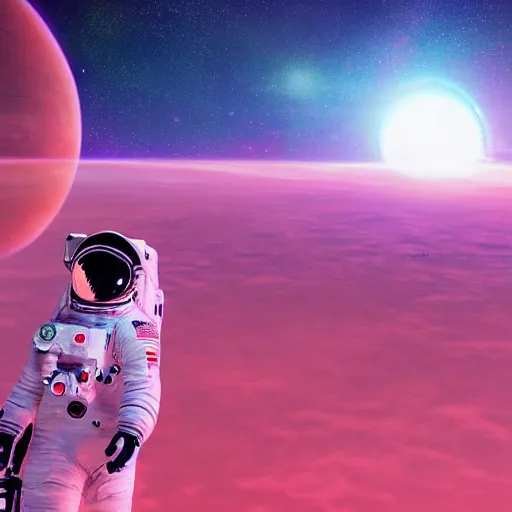 Image similar to A wide angle shot from below of a female astronaut with a feminine body walking with swagger towards camera on mars in an infinite universe , synthwave digital art