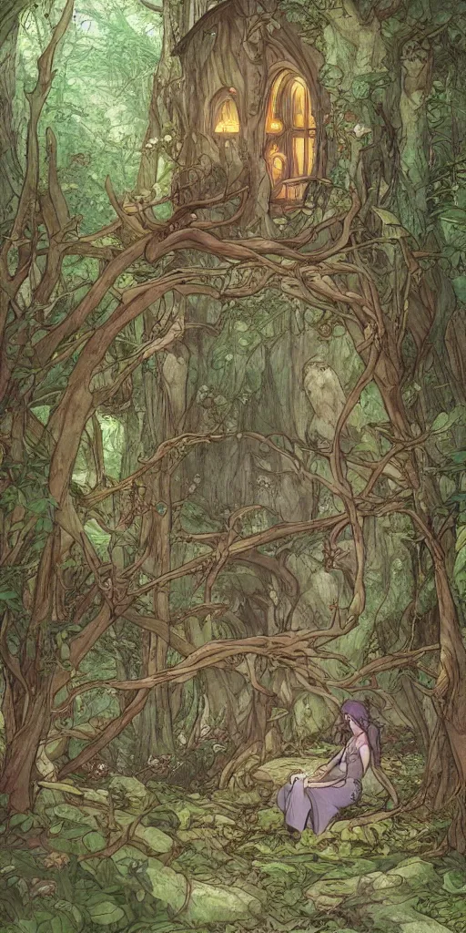 Image similar to an elvish Fairy house in the Woods, fantasy, art nouveau, daylight, warm light, spring, studio ghibli, Moebius, siya oum, ultra detailed, High definition, Sharp