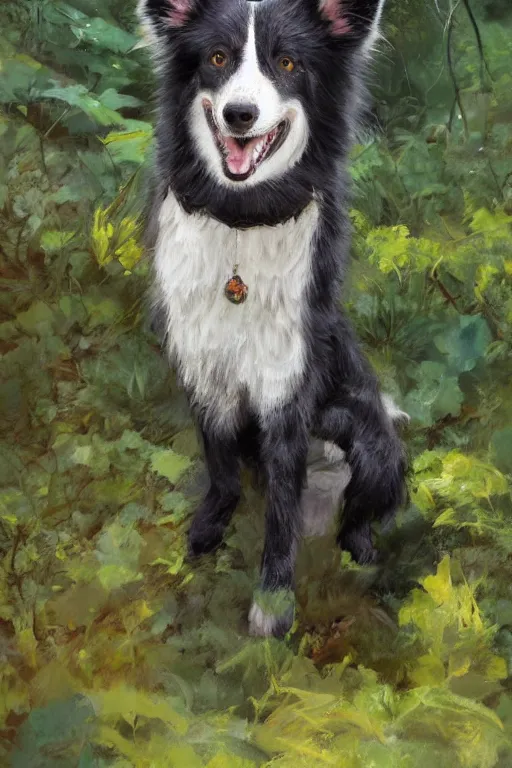 Image similar to portrait of a cute anthro male anthropomorphic border collie fursona wearing a suit in a sunny glade. by henry asencio, jon foster, and ross tran. scenic background, highly detailed, concept art, furry, glamor pose, elegant, aesthetic, beautiful, trending on artstation, top rated on furaffinity and deviantart