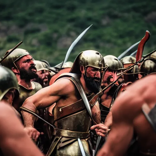 Prompt: A badass photo of King Leonidas of Sparta and a force of 300 men fight the Persians at Thermopylae in 480 B.C., award winning photography, sigma 85mm Lens F/1.4, blurred background, perfect faces