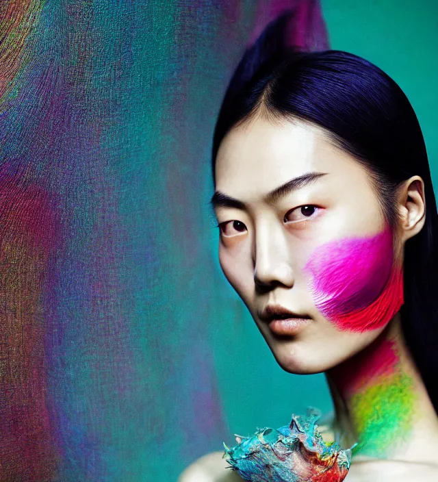 Prompt: photography facial portrait of liu wen, natural background,. natural pose, wearing stunning cloth by iris _ van _ herpen, with a colorfull makeup. highly detailed, skin grain detail, photography by paolo roversi, nick knight, helmut newton, avedon, araki