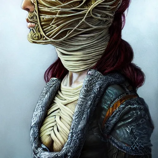 Image similar to portrait of a Shibari rope wrapped face and neck, headshot, insanely nice professional hair style, dramatic hair color, digital painting, of a old 15th century, old cyborg merchant, amber jewels, baroque, ornate clothing, scifi, realistic, hyperdetailed, chiaroscuro, concept art, art by Franz Hals and Jon Foster and Ayami Kojima and Amano and Karol Bak,