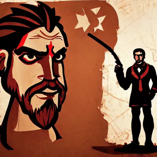 Prompt: ! detailed photorealistic pictures of saint neanderthalensis poster proganda about revolution, he holding red flags, with revolution logo, in the style of bioshock infinite art style and gta chinatown wars art style.