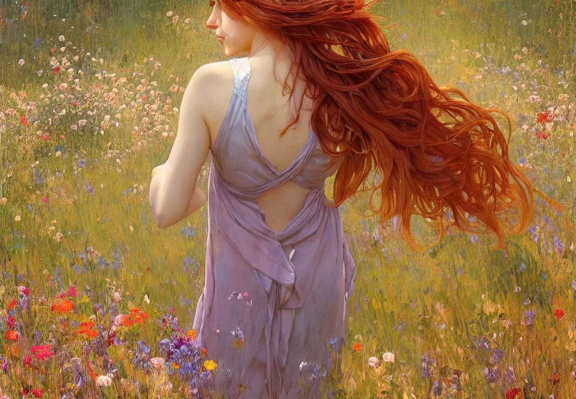 Image similar to a woman seen from behind from far away with copper hair and a flowing sundress surrounded by wildflowers, fine details by realistic shaded lighting poster by ilya kuvshinov katsuhiro otomo, magali villeneuve, artgerm, jeremy lipkin and michael garmash and rob rey, art nouveau, alphonse mucha, william - adolphe bouguereau, golden hour