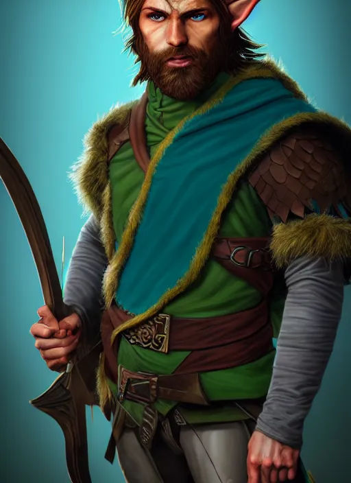 Image similar to A striking epic realism comic book style portait painting of an arrogant half-elf ranger, teal tunic, teal headband, shaggy brown hair, scruffy beard, holding crossbow, D&D Concept Art, unreal 5, DAZ, hyperrealistic, octane render, cosplay, RPG portrait, dynamic lighting