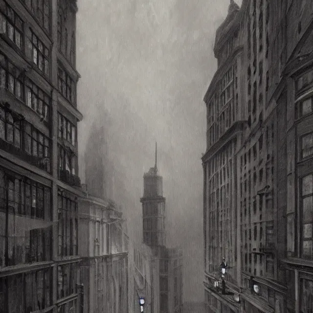 Prompt: ultra - realistic painting gothic 1 9 2 0 s 1 0 - storey hotel in downtown boston overlooking a dark street, atmospheric lighting, gloomy, foreboding