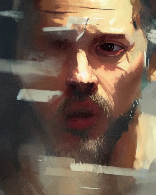 Prompt: painting portrait of Hobbes dressed as Tyler Durden in Star Fight Club, sharp focus, waist up, trending on ArtStation, masterpiece, by Greg Rutkowski, by Ross Tran, by Fenghua Zhong, octane, clear eyes, soft render, clear facial features, oil on canvas, moody lighting, cinematic, professional environment concept art