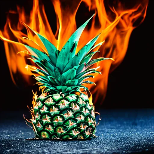 Image similar to hyper realistic, studio photography, good ilumination of a burning pineapple