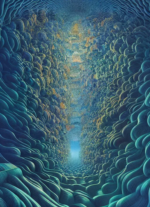 Image similar to hyper detailed 3d render like a Oil painting - the deep blue by Jacek Yerka, Mariusz Lewandowski, Houdini algorithmic generative render, Abstract brush strokes, Masterpiece, Edward Hopper and James Gilleard, Zdzislaw Beksinski, Mark Ryden, Wolfgang Lettl, hints of Yayoi Kasuma, octane render, 8k