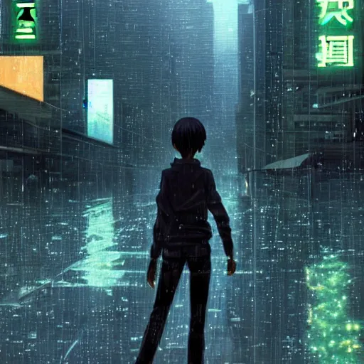 Prompt: android cyborg in urban dystopia makoto shinkai raining