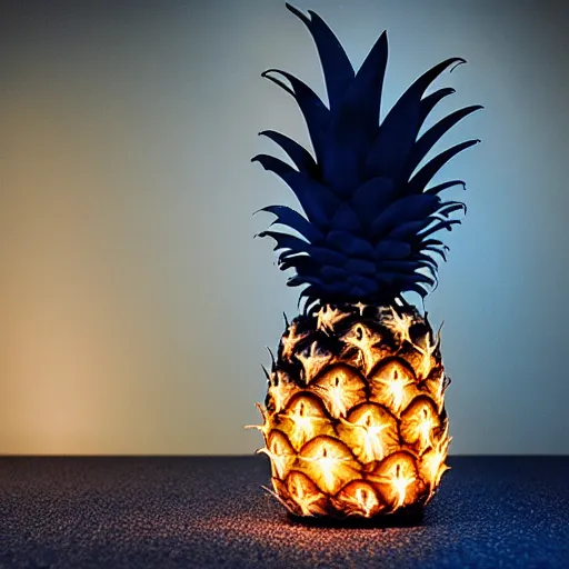 Image similar to hyper realistic, studio photography, good ilumination of a burning pineapple