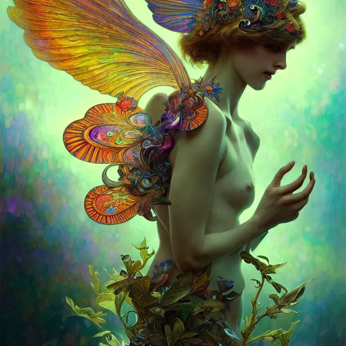 Image similar to psychedelic wings, diffuse lighting, fantasy, intricate, elegant, highly detailed, lifelike, photorealistic, digital painting, artstation, illustration, concept art, smooth, sharp focus, art by John Collier and Albert Aublet and Krenz Cushart and Artem Demura and Alphonse Mucha