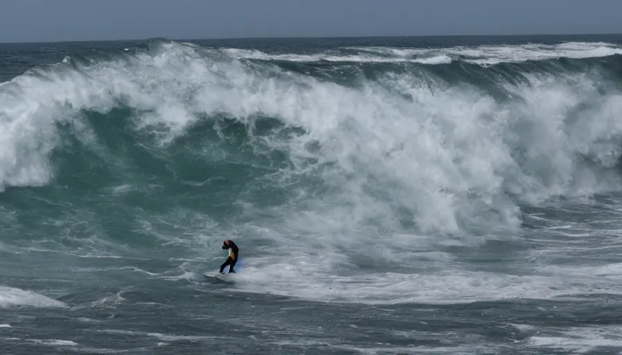 Prompt: big wave surfing, sandy beach in foreground