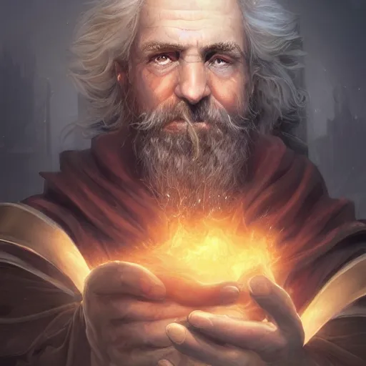 Image similar to a detailed matte painting of a sly older sorcerer, with a small beard, salt and pepper hair, portrait by charlie bowater, lise deharme, wlop, tending on arstation, dungeons and dragon, dnd, pathfinder, fanart