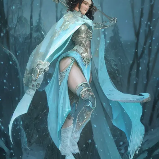 Image similar to a mid - shot portrait of a snow elf in a turquoise cape and silver armor with a bow, pale skin, winter vibes, intricate, elegant, art by artgerm and greg rutkowski and alphonse mucha, concept art, sharp focus, octane render, cgsociety