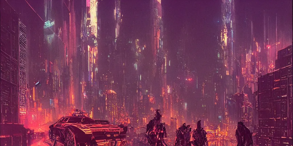 Image similar to vast futuristic steampunk city, dark tall people, night, colored neons, mist, video screens, street lights, cinematic, illustration by moebius and Bill Sienkiewicz