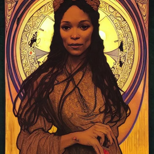 Image similar to thandiwe newton portrait by louis - theophile hingre and alphonse mucha, realistic, sharp focus, zodiac signs, tarot cards, planets, ethereal, art nouveau, magic, moon, sun, crown, dreamy, royal, jewellery