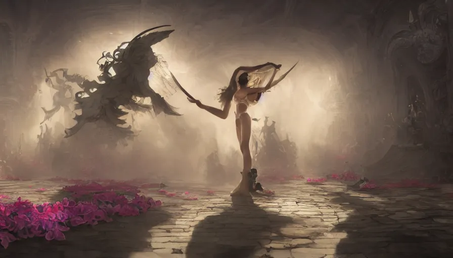 Image similar to victoria secret runway show, light, shadows, reflections, flowers, epic composition, intricate, elegant, volumetric lighting, digital painting, highly detailed, artstation, sharp focus, illustration, concept art, ruan jia, james jean, peter mohrbacher, steve mccurry, raymond swanland, peter andrew jones, greg rutkowski, concept art, iconic