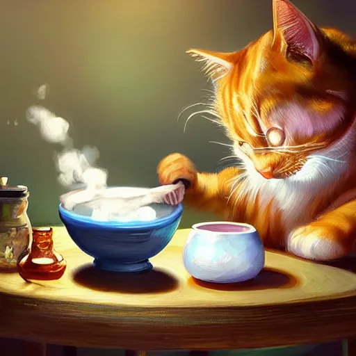 Image similar to a painting of cute cat brewing a magic potion at the table, hyper realistic, very detailed, trending on artstation