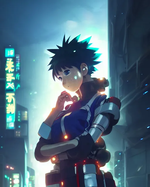 Image similar to portrait of anime girl in mechanic armor in night tokyo by makoto sinkai, my hero academia,cyberpunk, greg rutkowski, perfect face, fine details