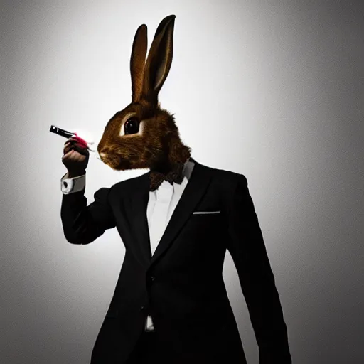 Prompt: a humanoid rabbit wearing a peak lapel suit and smoking a cigarette, chiaroscuro, medium shot, cinematic promo material