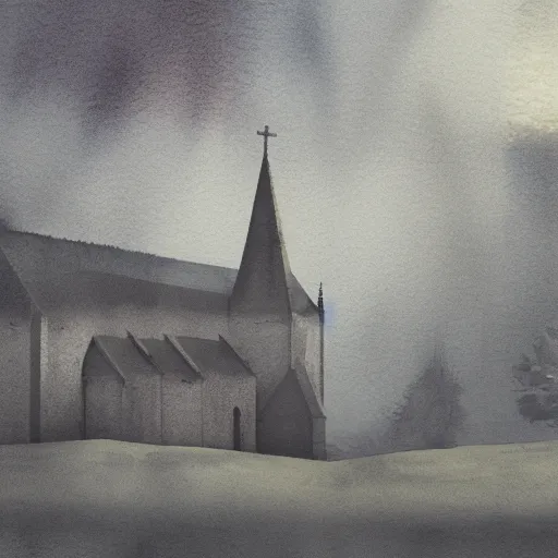 Image similar to realistic extremely detailed watercolor painting portrait of church, dusk, elegant, moody muted colors, Paul klee, octane render, 4k
