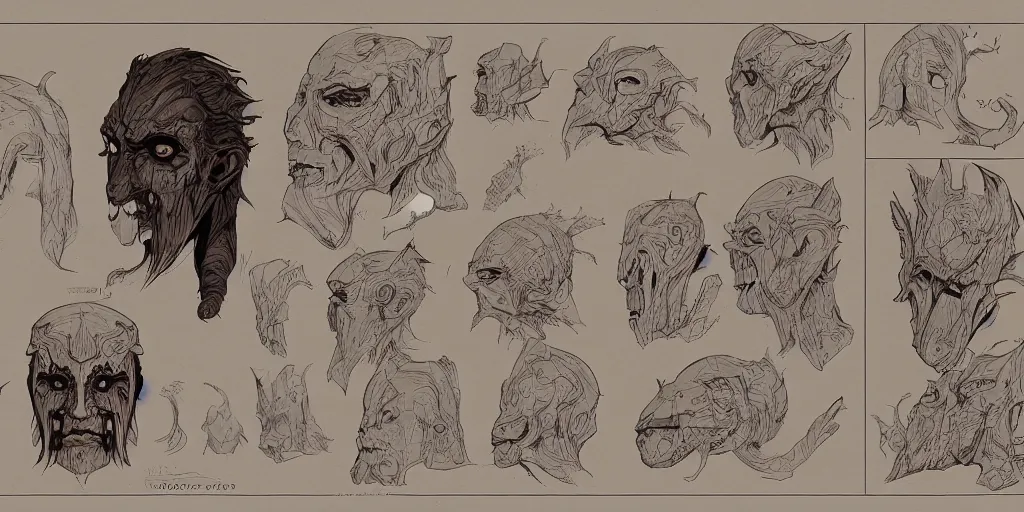 Image similar to wooden cursed mask design, character sheet, Moebius, Greg Rutkowski, Zabrocki, Karlkka, Jayison Devadas, Phuoc Quan, trending on Artstation, 8K, ultra wide angle, zenith view, pincushion lens effect