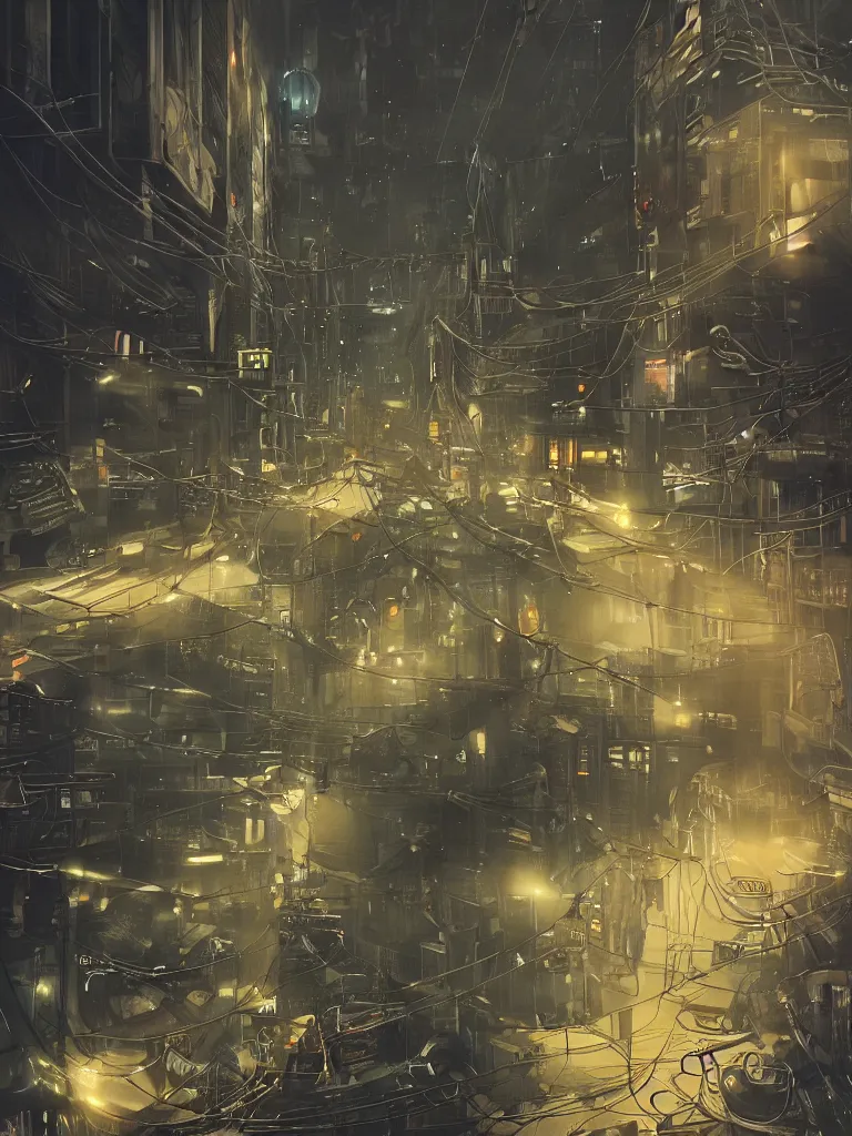 Image similar to futuristic dieselpunk street, cable stone ground. lots hanging cables, tiny wires on the ground. narrow, garbage on the ground. rain. fog, haze, evening. led screens. neon signs. golden hour. very sharp. cables on the ground. very messy. futuristic. photorealistic. artstation. anime. studio gimbli style. golden rate.