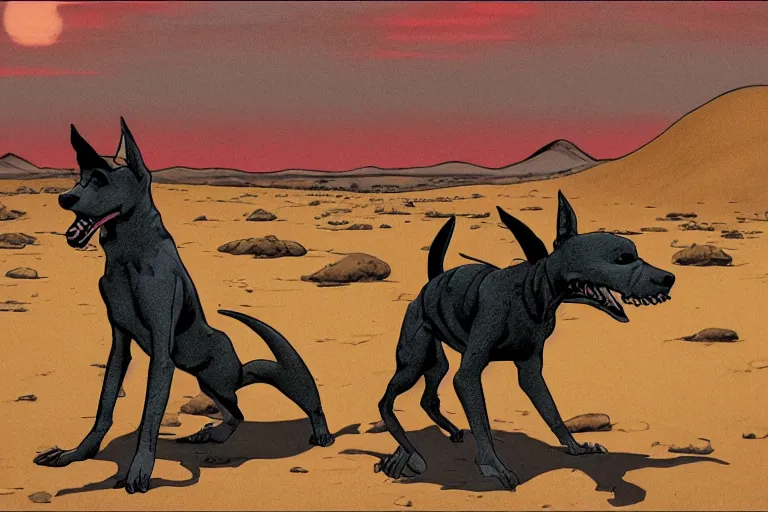 Image similar to monstrous xoloitzcuintli dog in the atacama desert at dusk, hungry and drooling, cracking bones, futuristic comic book by moebius