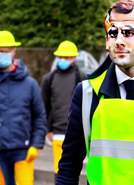 Image similar to macron wearing hivis and rubber gloves