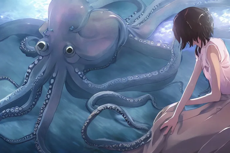 Prompt: octopus wrapped around woman, highly detailed, 4k resolution, lighting, anime scenery by Makoto shinkai