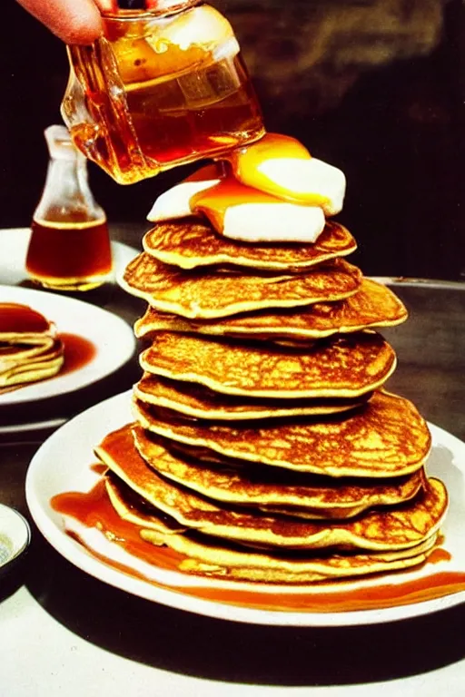 Prompt: a psychedelic stack of delicious pancakes smothered in maple syrup served in a 1 9 6 0's american diner