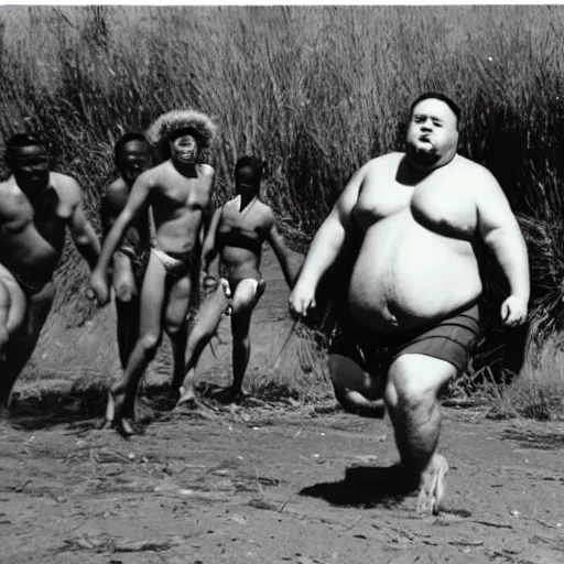 Image similar to mini - dv still of a fat, caucasian man in a swimsuit chasing african tribesmen