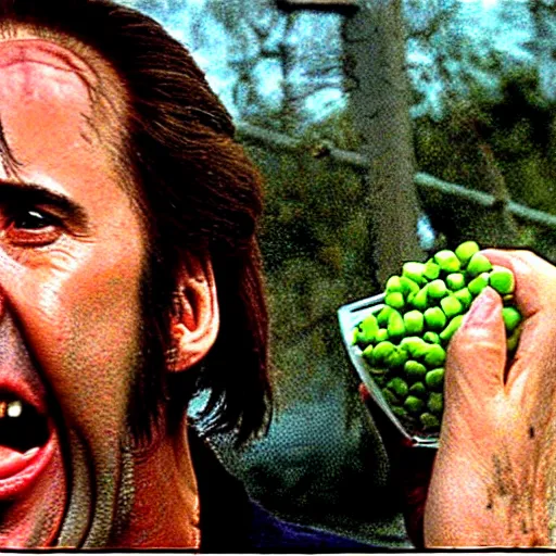 Image similar to nicolas cage screaming with a mouth full of peas, movie still, the wicker man