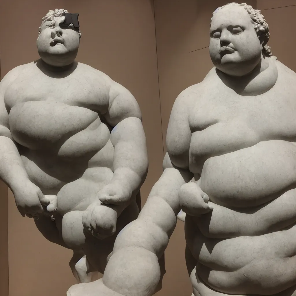 Image similar to marble statue of an overweight man with a VR headset, Michelangello