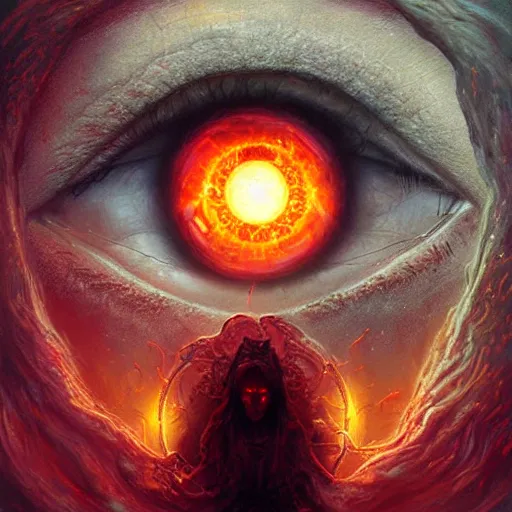 Prompt: The Flaming Eye of the Universe, digital illustration, professional art by Seb McKinnon and David Romero, fantasy, magic, magestic, detailed, forboding, hyper detailed