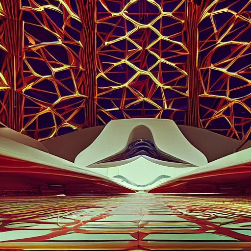 Prompt: interior of a futuristic organic temple with gold, red and white marble panels, in the desert, by buckminster fuller and syd mead, intricate contemporary architecture, photo journalism, photography, cinematic, national geographic photoshoot