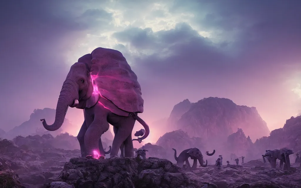 Prompt: a crowd of small blue necromancers summoning a giantic pink antropomorphic cyborg elephant lying on top of a rock, twilight lightning, montains in the background, volumetric fog, realitistic, high contrast, ultra detailed, 8 k render, cycles render engine, volumetric fog