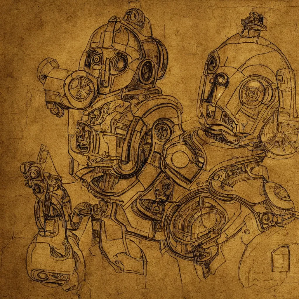 Image similar to c 3 po design schematic by leonardo da vinci, very detailed